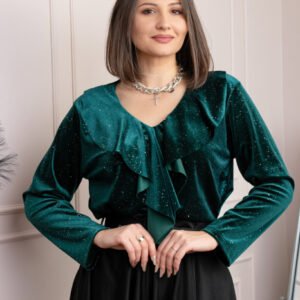 Bluza eleganta din catifea Cynthia cu volan si sclipici discret - Verde