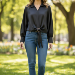 Bluza eleganta din satin negru cu detaliu tip funda si inel decorativ