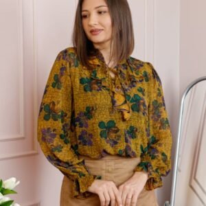 Bluza eleganta galben mustar Lucienne cu imprimeu verde si jabou