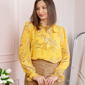 Bluza eleganta galbena Lucienne cu flori albe si jabou
