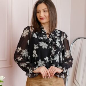 Bluza eleganta neagra Lucienne cu flori albe si jabou