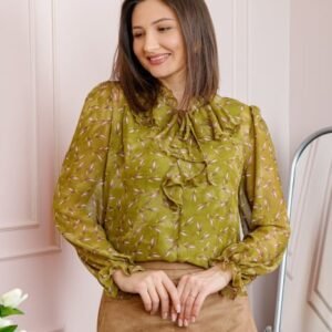 Bluza eleganta verde olive Lucienne cu imprimeu lila si jabou
