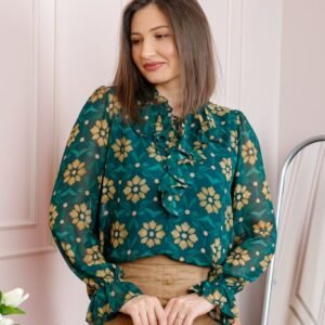 Bluza eleganta verde smarald Lucienne cu flori aurii si jabou