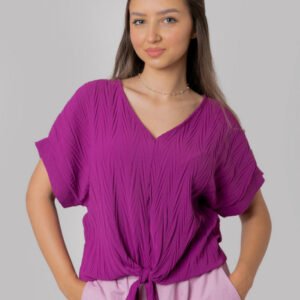 Bluza fuchsia casual cu aspect texturat si nod in talie