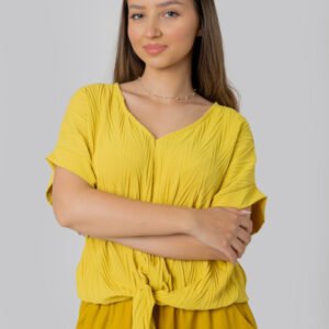 Bluza galbena casual cu aspect texturat si nod in talie