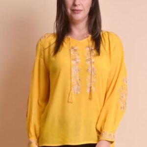 Bluza galbena cu motiv floral auriu Iasmina 07 - maneca lunga