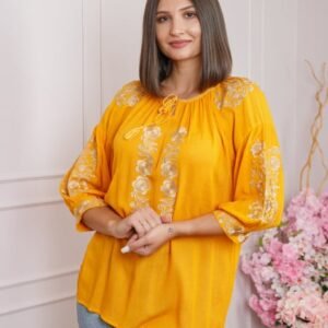 Bluza galbena cu motiv floral auriu Iasmina 07 - maneca scurta