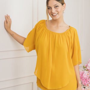 Bluza galbena din voal cu maiou plisat