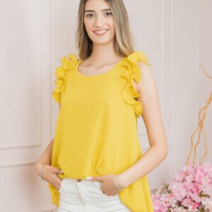 Bluza galbena din voal cu volane la umeri