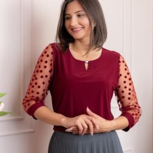 Bluza grena dama Bridget cu maneci transparente cu buline