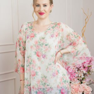 Bluza ivoire din voal cu imprimeu floral si maneci fluture