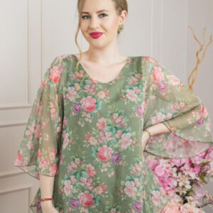 Bluza kaki din voal cu imprimeu floral si maneci fluture