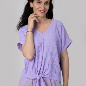 Bluza lila casual cu aspect texturat si nod in talie