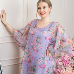 Bluza lila din voal cu imprimeu floral si maneci fluture
