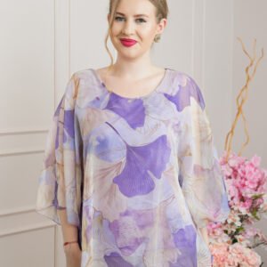Bluza lila din voal cu maneci largi si imprimeu floral