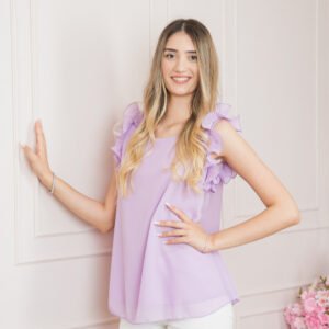 Bluza lila din voal cu volane la umeri