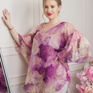 Bluza magenta din voal cu maneci largi si imprimeu floral