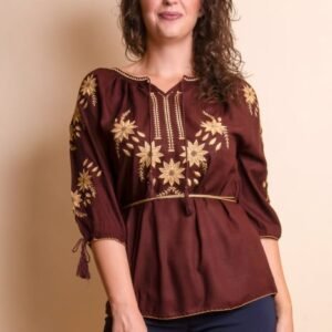 Bluza maro cu motiv floral auriu Aliona 03