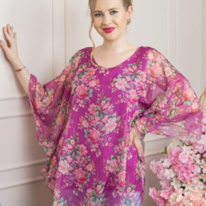 Bluza mov din voal cu imprimeu floral si maneci fluture