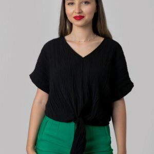 Bluza neagra casual cu aspect texturat si nod in talie