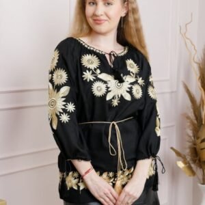 Bluza neagra cu motiv floral auriu Agnes 01