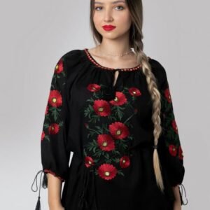 Bluza neagra cu motiv floral rosu Taisia 01