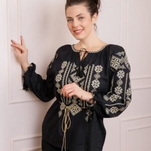 Bluza neagra cu motiv geometric auriu Gloria 03 - maneca lunga