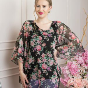 Bluza neagra din voal cu imprimeu floral si maneci fluture