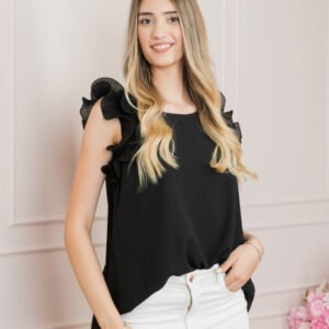 Bluza neagra din voal cu volane la umeri