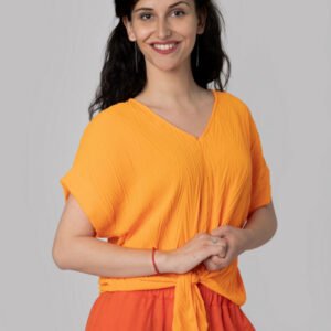 Bluza orange casual cu aspect texturat si nod in talie