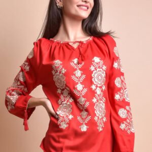 Bluza rosie cu motiv floral auriu Andrada 01