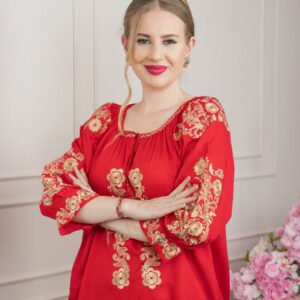 Bluza rosie cu motiv floral auriu Iasmina 02