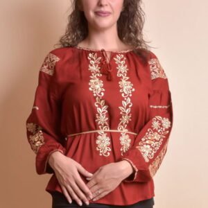 Bluza rosie cu motiv floral auriu Otilia 03