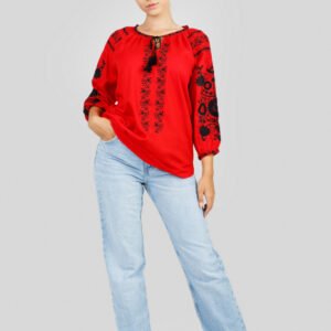 Bluza rosie cu motiv floral negru Fernanda 01