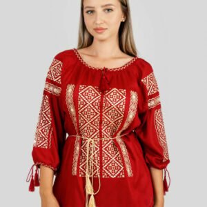 Bluza rosie cu motiv geometric auriu Ines 01