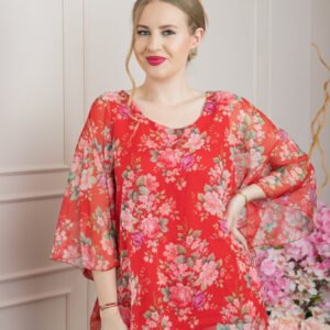 Bluza rosie din voal cu imprimeu floral si maneci fluture