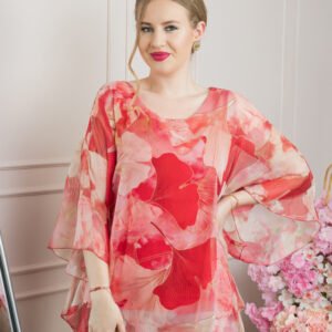 Bluza rosie din voal cu maneci largi si imprimeu floral
