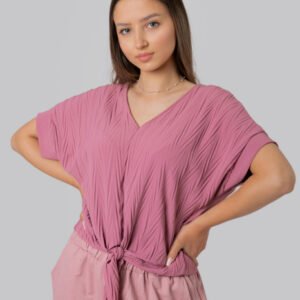 Bluza roz casual cu aspect texturat si nod in talie