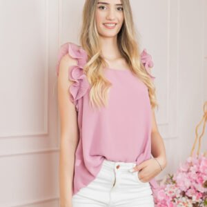 Bluza roz din voal cu volane la umeri