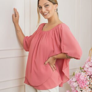 Bluza roz piersica din voal cu maiou plisat