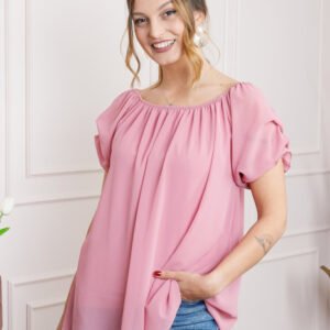 Bluza roz pudrat din voal cu maneci bufante