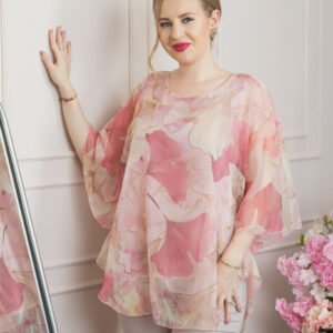 Bluza roz pudrat din voal cu maneci largi si imprimeu floral