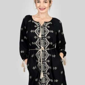 Bluza stil tunica neagra cu motiv geometric auriu Greta