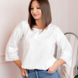 Bluza tip ie alba cu motiv floral alb Angelica