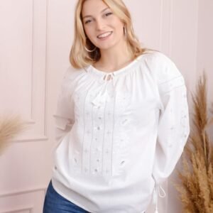 Bluza tip ie alba cu motiv floral alb Lidia 02