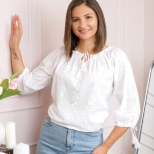Bluza tip ie alba cu motiv floral alb Lidia 03