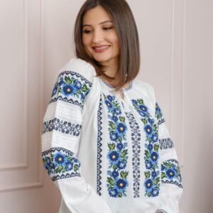 Bluza tip ie alba cu motiv floral albastru Alexandra 01