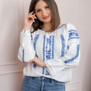 Bluza tip ie alba cu motiv floral albastru Cipriana 02