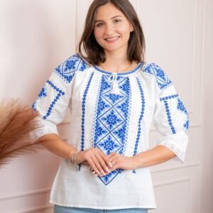 Bluza tip ie alba cu motiv floral albastru Evelina 02