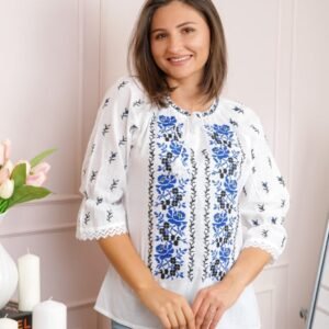 Bluza tip ie alba cu motiv floral albastru Floriana 02